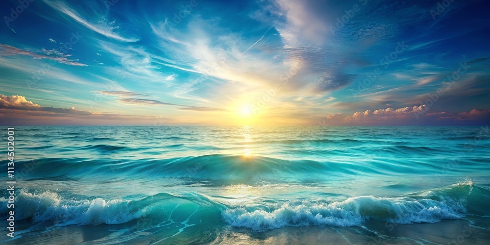 Obraz premium Serene ocean waves rolling onto a sandy shore at sunset