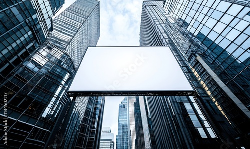 A massive blank billboard stands tall among the towering glass buildings of a modern city. The white screen is framed by the sleek lines of the skyscrapers, creating a striking contrast. photo