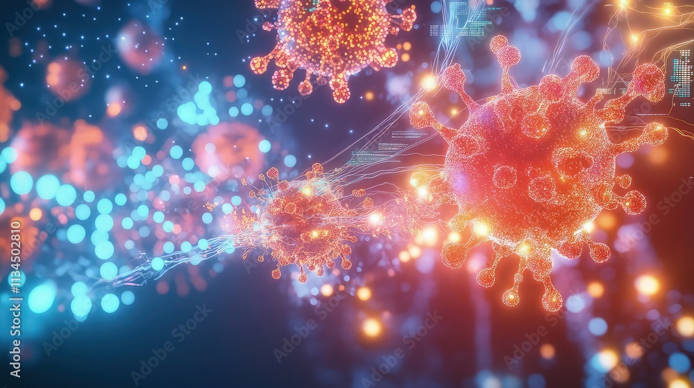 Fototapeta premium A glowing 3D representation of immune system cells battling allergens, with streams of light representing immunotherapy treatments, and floating data visualizing autoimmune activity suppression.