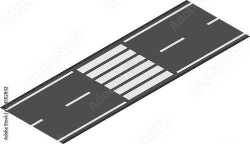 Isometric projection of pedestrian crossing, featuring white stripes on dark asphalt road surface, providing safe passage for people across traffic