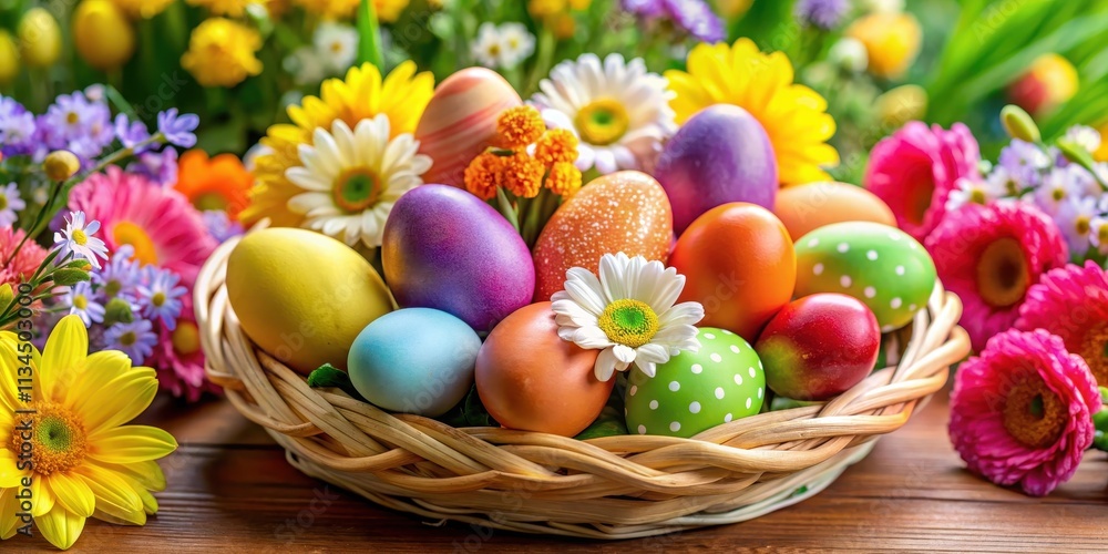 Easter eggs in a basket surrounded by colorful flowers, Easter, eggs, basket, flowers, spring, holiday, decoration Easter eggs in a basket surrounded by colorful flowers, Easter, eggs, basket, flowers, spring, holiday, decoration