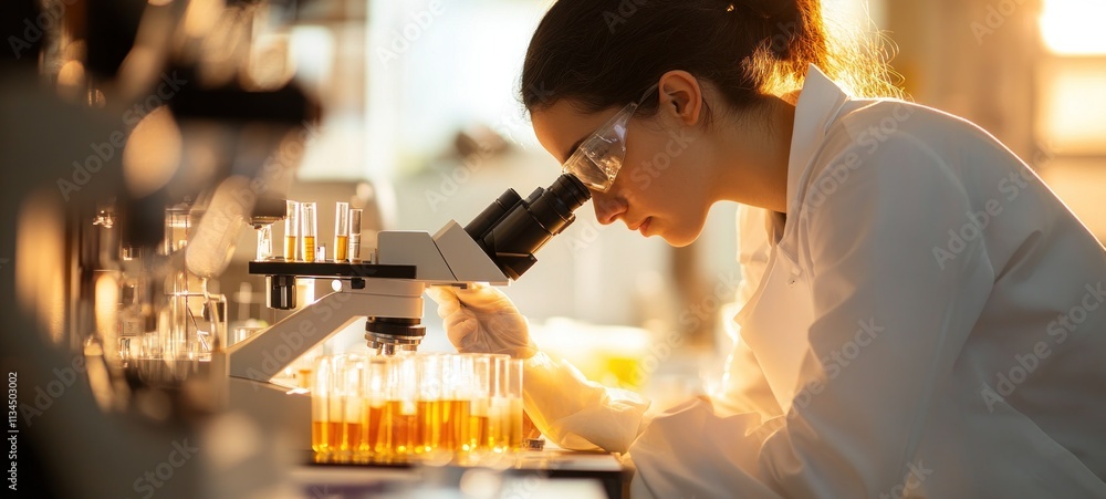 Scientist using a microscope in a laboratory Scientist using a microscope in a laboratory