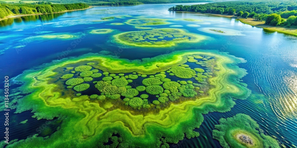 Aerial view of a massive bloom of algae in a lake, fluid, organic pattern with vibrant greens and blues, algae, bloom, lake Aerial view of a massive bloom of algae in a lake, fluid, organic pattern with vibrant greens and blues, algae, bloom, lake