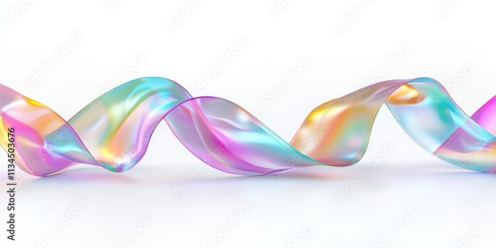 Iridescent ribbon flows across a white background. Iridescent ribbon flows across a white background.