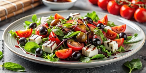 Delicious Mediterranean salad with balsamic glaze on a white plate, Mediterranean, salad, balsamic glaze, healthy, fresh