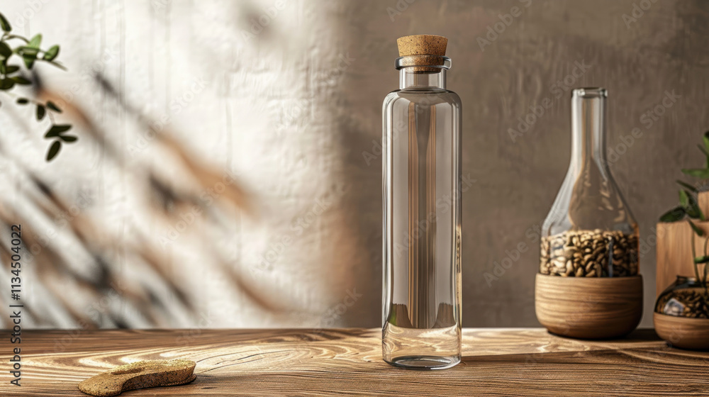 Fototapeta premium Sleek glass bottle mock-up with smooth edges, cork cap, and rustic vibe, wooden surface