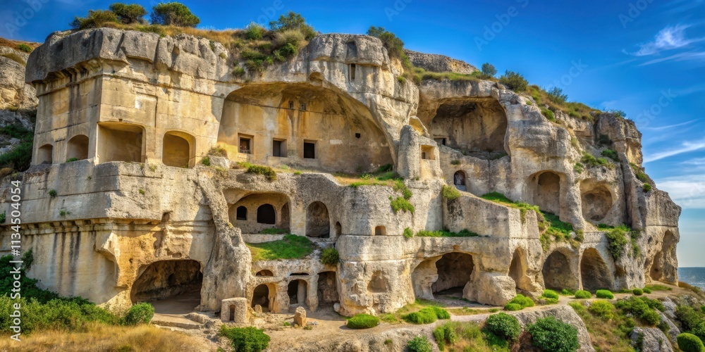 Fototapeta premium Ancient burial site carved into limestone cliffs in Sicily, Italy, Necropolis, Pantalica, Sicily