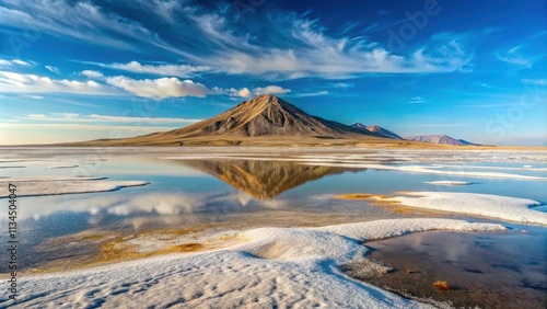 Salt lake Baskunchak with a view of Mount Bolshoe Bogdo in the Russian landscape, Russia, salt lake, Baskunchak photo