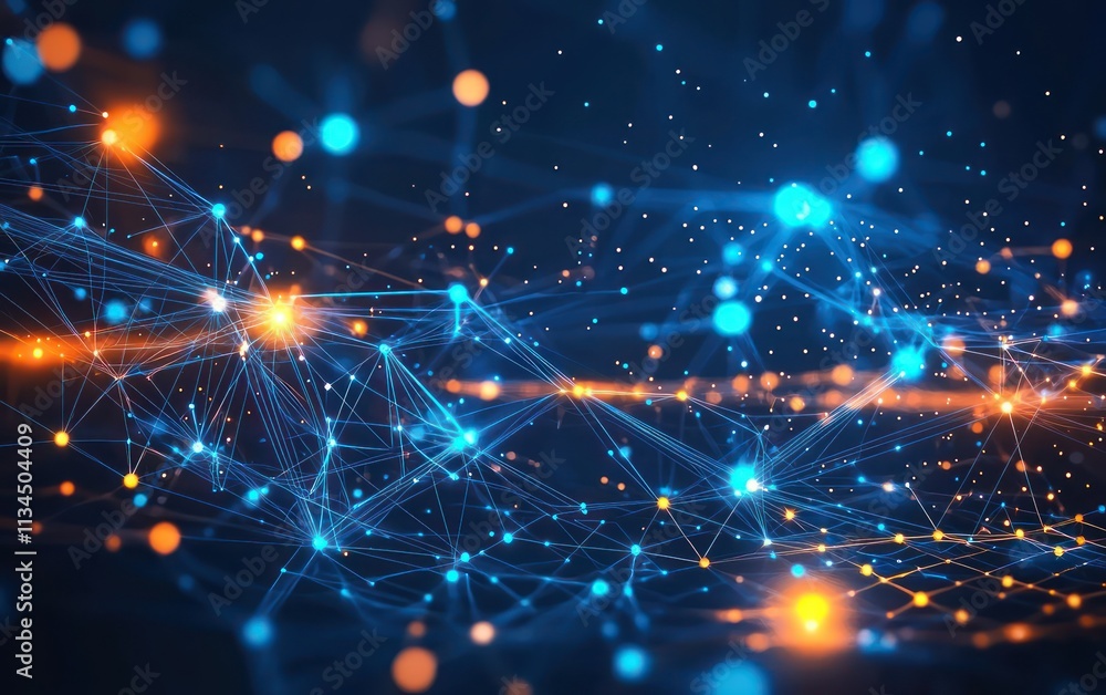 A modern abstract technology background with glowing blue and orange connections, dots, and lines symbolizing data flow in cyberspace. The design is sleek, digital, and perfect for web banners . A modern abstract technology background with glowing blue and orange connections, dots, and lines symbolizing data flow in cyberspace. The design is sleek, digital, and perfect for web banners .