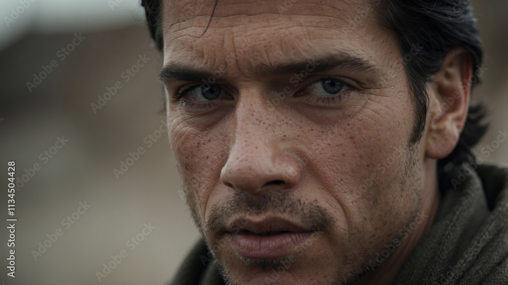 Intense gaze of a man capturing emotions in a natural setting during early dawn light