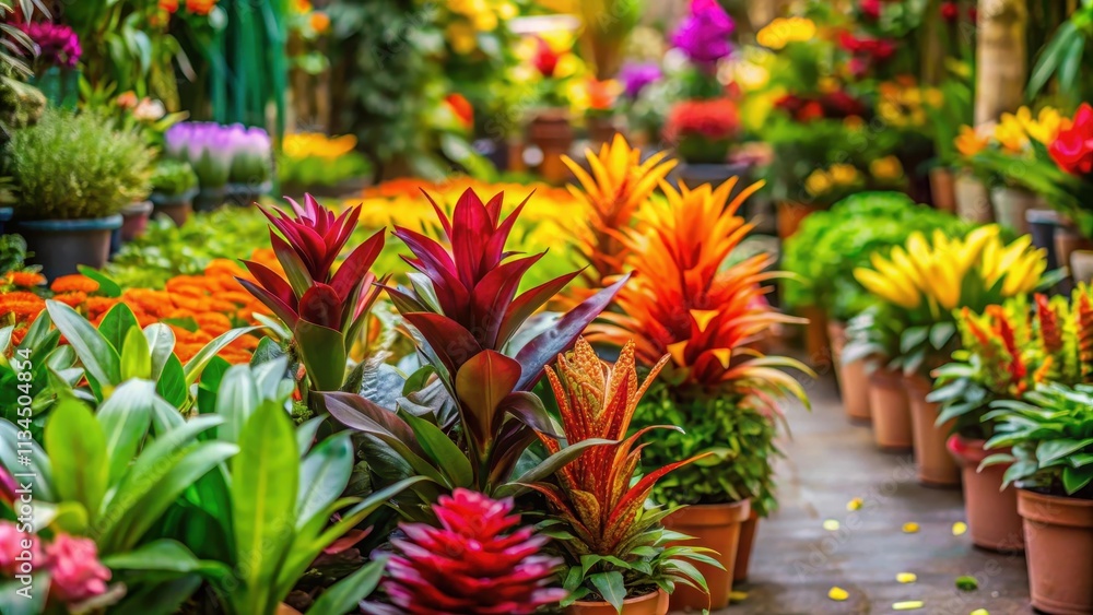 Tropical plants in vibrant colors displayed at a bustling flower market , lush, exotic, foliage, botanical, marketplace Tropical plants in vibrant colors displayed at a bustling flower market , lush, exotic, foliage, botanical, marketplace