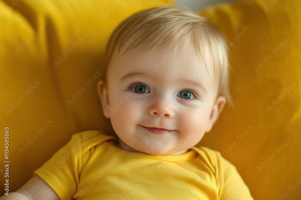 Baby smiling and relaxing on yellow background Baby smiling and relaxing on yellow background