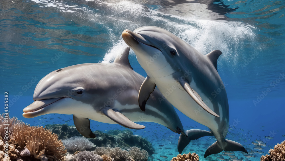 Fototapeta premium Dolphins playfully swimming among colorful corals in warm tropical waters
