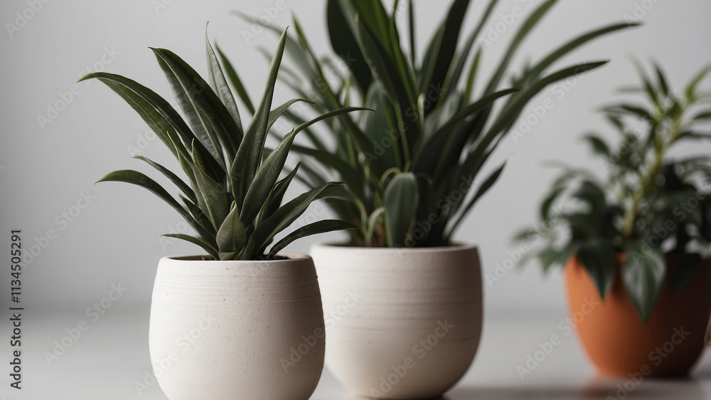 Minimalist plant arrangement featuring three unique pots in a serene indoor setting Minimalist plant arrangement featuring three unique pots in a serene indoor setting