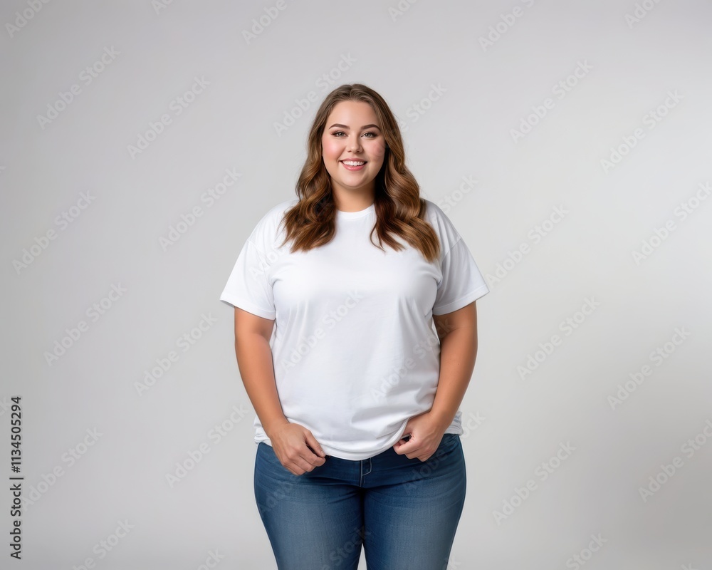 Plus size young woman wearing white oversized t-shirt and jeans isolated on grey background Plus size young woman wearing white oversized t-shirt and jeans isolated on grey background