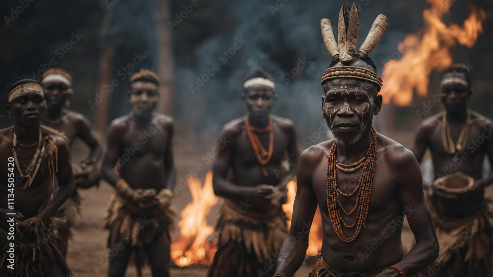 Obraz premium African shaman performing a ritual with traditional mask and ceremonial attire amidst a gathering of village members