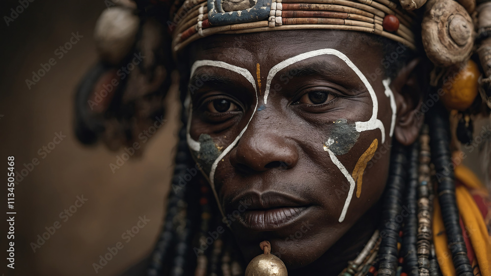 African shaman performing a spiritual ritual with traditional attire and markings African shaman performing a spiritual ritual with traditional attire and markings