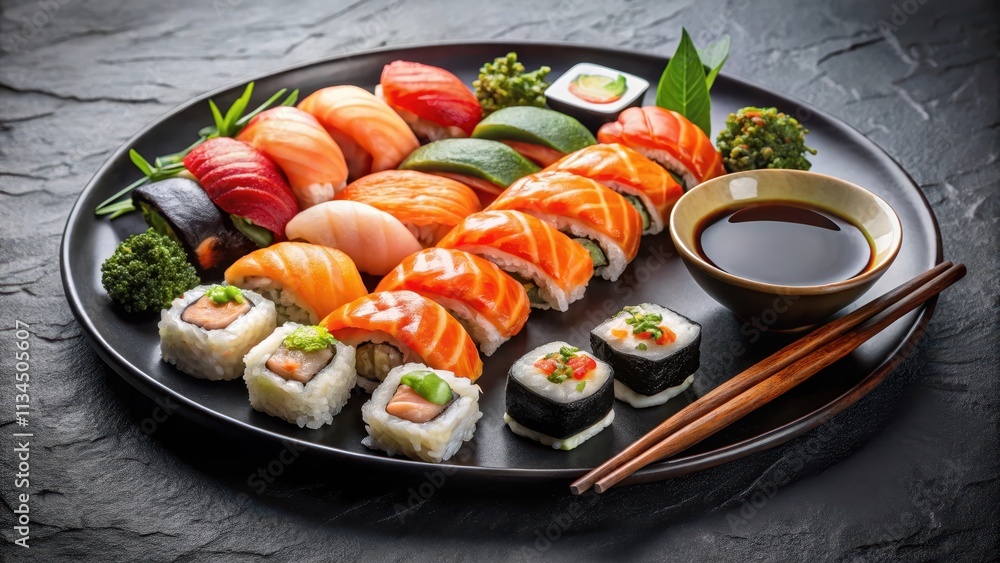 Assorted sushi platter with nigiri and rolls on black ceramic plate, traditional soy sauce. Japanese Cuisine Assorted sushi platter with nigiri and rolls on black ceramic plate, traditional soy sauce. Japanese Cuisine