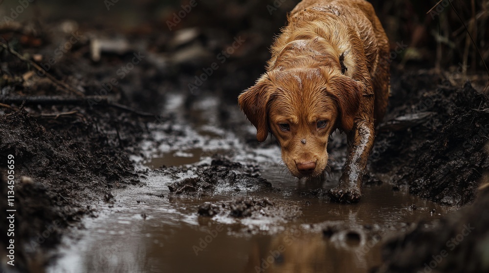 A curious dog explores a muddy path with a puddle. Its fur glistens with moisture. This moment captures the adventurer within. Generative AI A curious dog explores a muddy path with a puddle. Its fur glistens with moisture. This moment captures the adventurer within. Generative AI