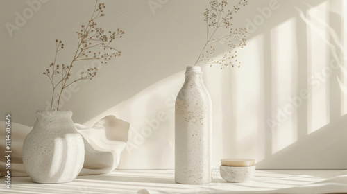 Stylish biodegradable bottle with soft textures, placed on a light background, realistic details for an eco-friendly brand presentation photo