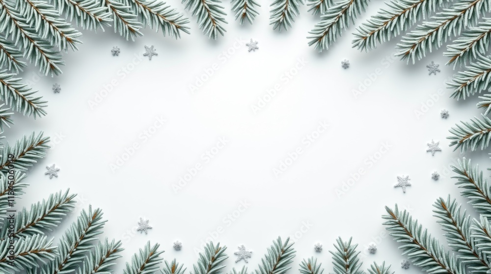 Frosted Pine Branches with Snowflakes and Ornaments Frosted Pine Branches with Snowflakes and Ornaments
