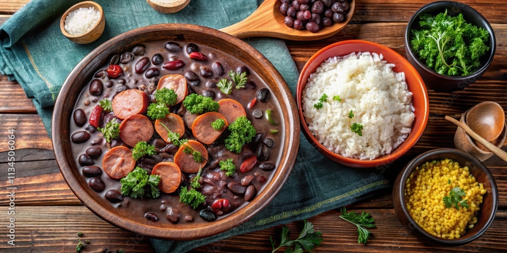 Top view of traditional Brazilian Feijoada dish with black beans, pork, sausage, and rice, Brazilian cuisine Top view of traditional Brazilian Feijoada dish with black beans, pork, sausage, and rice, Brazilian cuisine