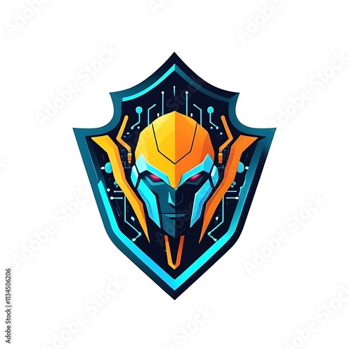 Cybernetic Sentinel:  A futuristic robot head emblem, encased within a vibrant blue and gold shield, exudes power and technological prowess. Ideal for gaming, esports, or sci-fi projects. 