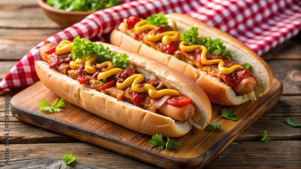 Tilted perspective hot dogs with unique toppings and crispy bacon on picnic table, tilted, perspective, hot dogs, unique
