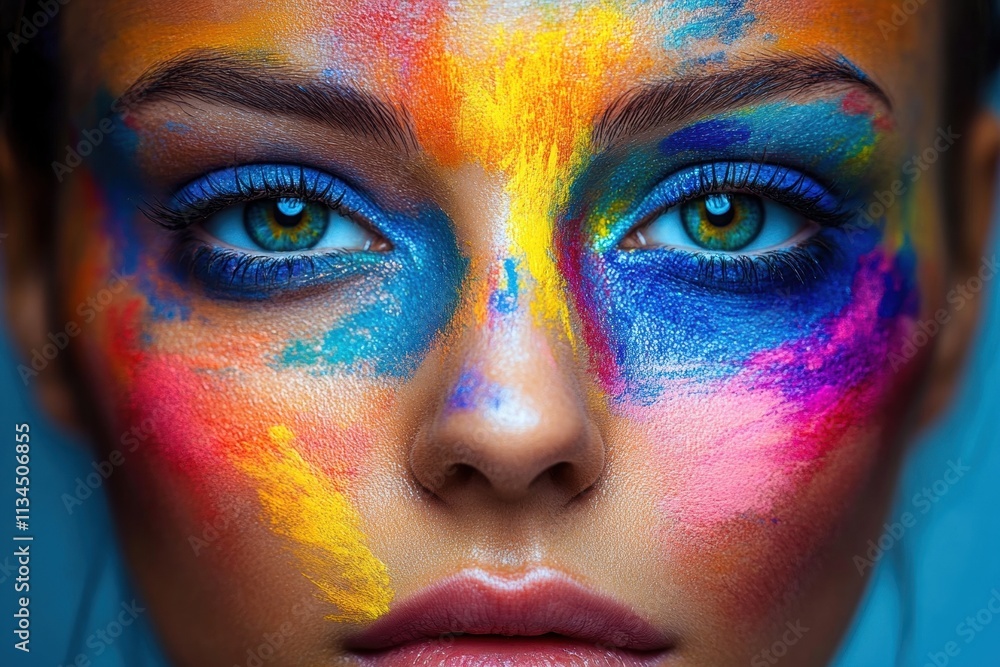 Model showing colorful makeup and blue eyes looking at camera Model showing colorful makeup and blue eyes looking at camera