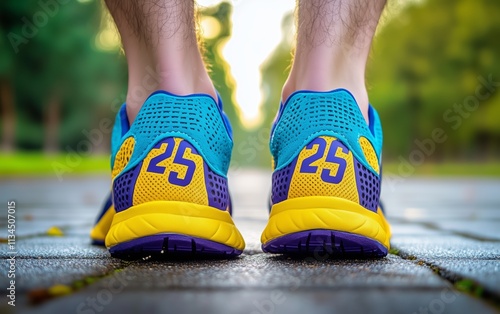 Vibrant Blue and Yellow Running Shoes on a Cobblestone Path photo