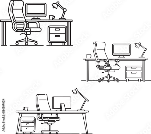 set of minimalist line drawing of a home office workspace