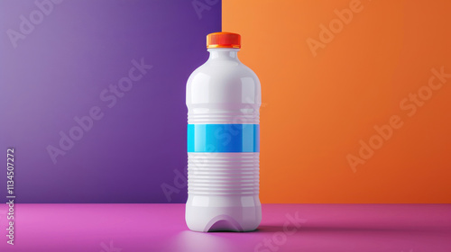 Stylish plastic bottle mock-up with a vibrant color cap, simple label, minimal shadows photo