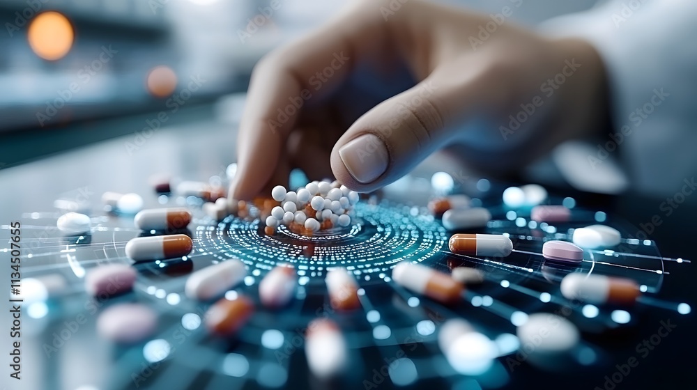 Hand selecting capsules and pills on a futuristic digital interface in a pharmaceutical laboratory setting Hand selecting capsules and pills on a futuristic digital interface in a pharmaceutical laboratory setting
