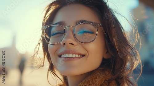 Happy, Satisfied Woman Wearing Glasses in an Outdoor Portrait