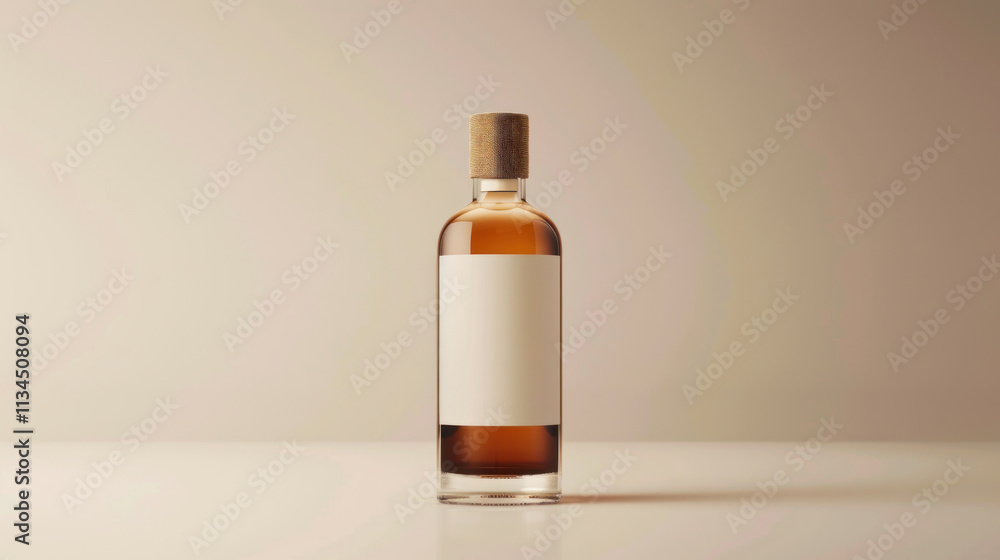 Transparent bottle with custom label, modern and minimalist design, positioned on a plain background with subtle reflections, ideal for high-end products