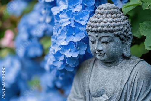 Buddha statue inspiring serenity next to blue hydrangeas in a japanese garden photo