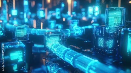 A digital landscape with glowing blue data streams flowing through transparent, crystalline pipes, symbolizing information transfer in a futuristic city. 