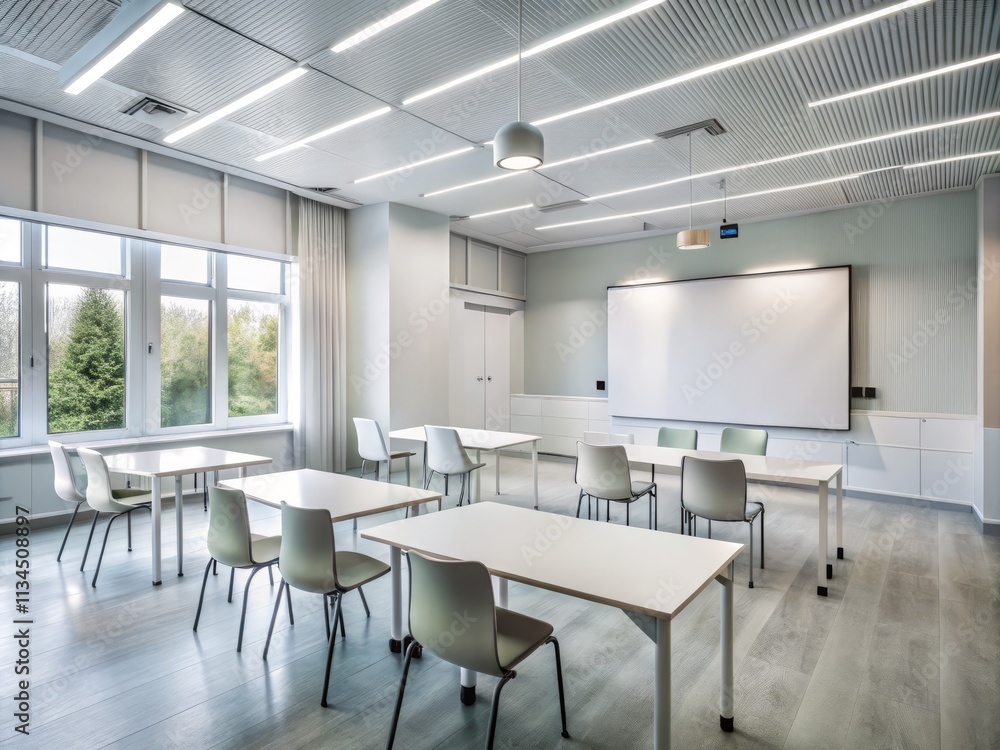 Empty Classroom with Modern White Tables and Chairs, Featuring a Whiteboard and Black Board – Ideal for Educational and Corporate Settings Empty Classroom with Modern White Tables and Chairs, Featuring a Whiteboard and Black Board – Ideal for Educational and Corporate Settings