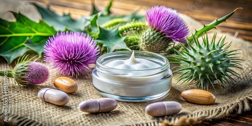 Essential Items for Managing Isotretinoin Side Effects: Moisturizer, Lip Balm, and Milk Thistle in a Serene Setting photo