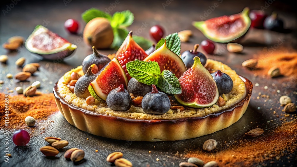 Exquisite Fresh Fruit Tart on Sand Base with Figs, Almonds, and Crispy Waffle, Dusting of Cocoa Powder, Perfectly Styled for Gourmet Food Photography Exquisite Fresh Fruit Tart on Sand Base with Figs, Almonds, and Crispy Waffle, Dusting of Cocoa Powder, Perfectly Styled for Gourmet Food Photography