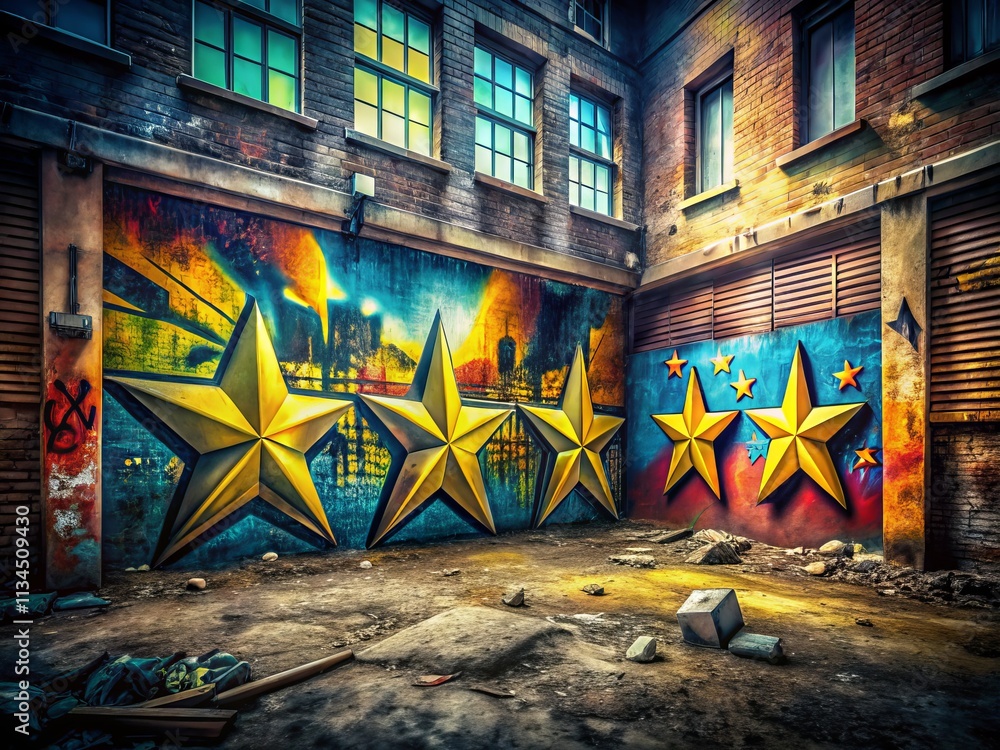 Five Star Rating in an Urban Exploration Setting with Graffiti and Abandoned Buildings Captured in a Dynamic and Artistic Composition for Stock Photography Five Star Rating in an Urban Exploration Setting with Graffiti and Abandoned Buildings Captured in a Dynamic and Artistic Composition for Stock Photography