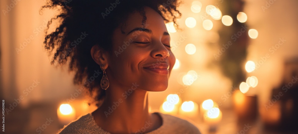 Peaceful Evening: A Woman Finds Serenity Amidst Candlelight Peaceful Evening: A Woman Finds Serenity Amidst Candlelight