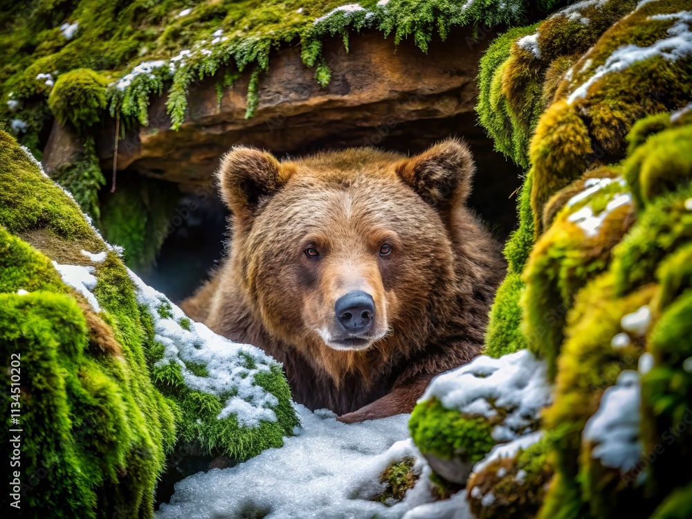 Hibernate Sleep Cave Cover: Cozy Bear Burrow, Winter Wonderland, Dreamy Cave, Sleeping Animal, Close-Up Texture Hibernate Sleep Cave Cover: Cozy Bear Burrow, Winter Wonderland, Dreamy Cave, Sleeping Animal, Close-Up Texture