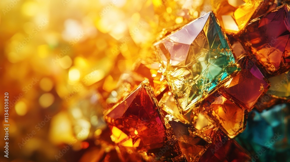 Close-up of colorful, sparkling gemstone cluster, sunlit background. Close-up of colorful, sparkling gemstone cluster, sunlit background.