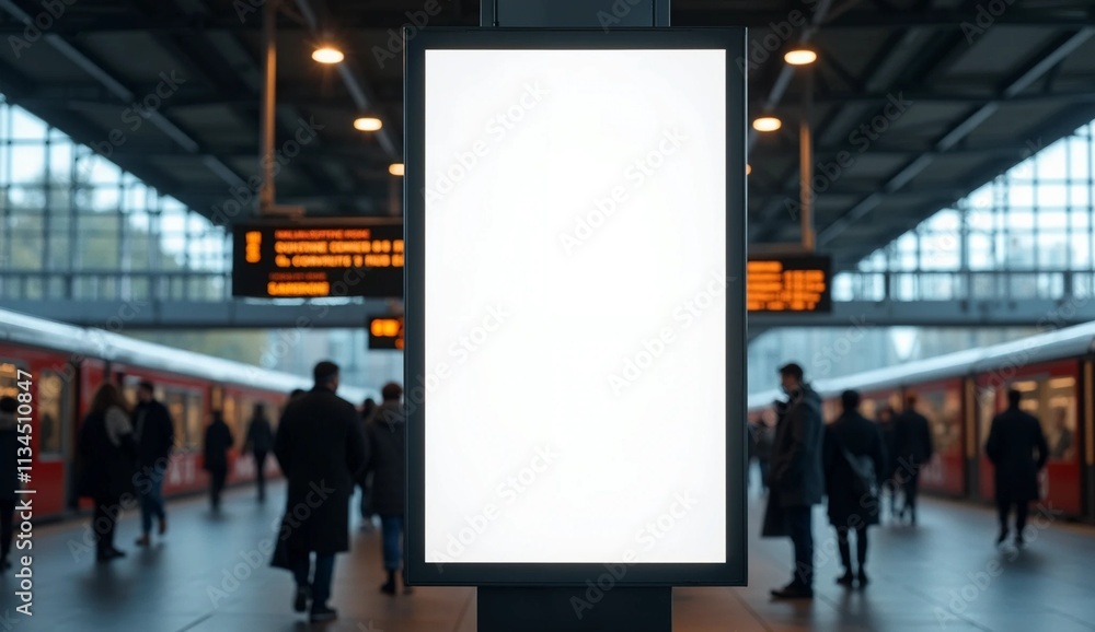 Mock up. Vertical advertising billboard, lightbox with empty digital screen on railway station. Blank white poster advertising, public information board stands at station in front of people and train Mock up. Vertical advertising billboard, lightbox with empty digital screen on railway station. Blank white poster advertising, public information board stands at station in front of people and train