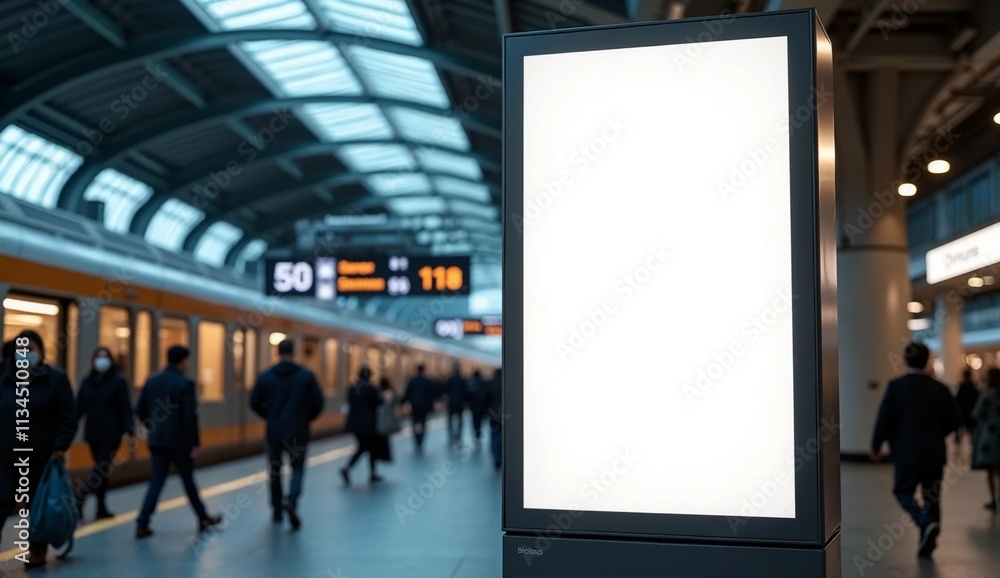 Mock up. Vertical advertising billboard, lightbox with empty digital screen on railway station. Blank white poster advertising, public information board stands at station in front of people and train Mock up. Vertical advertising billboard, lightbox with empty digital screen on railway station. Blank white poster advertising, public information board stands at station in front of people and train