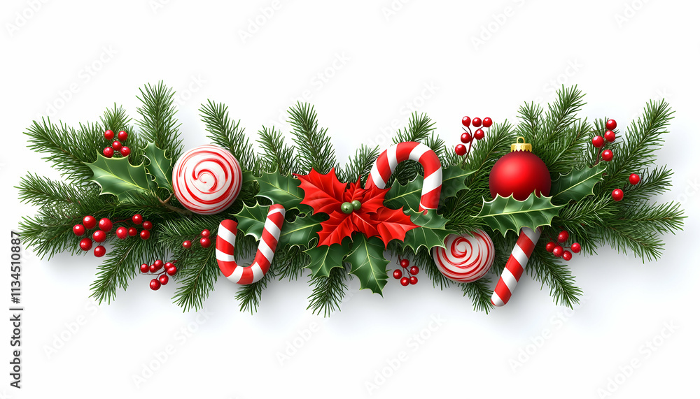 Festive Christmas garland with holly, candy canes, and poinsettia. Festive Christmas garland with holly, candy canes, and poinsettia.