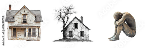 Wallpaper Mural Abandoned countryside house with dilapidated exterior surrounded by a bare winter landscape and a nude figure sculpture in a contemplative pose Torontodigital.ca