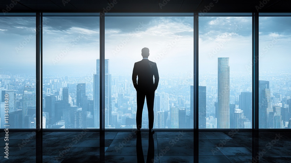 Businessman looking at cityscape from skyscraper office. Businessman looking at cityscape from skyscraper office.