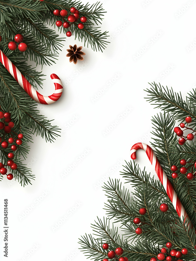 Christmas border with candy canes, pine branches, and berries on white background. Christmas border with candy canes, pine branches, and berries on white background.